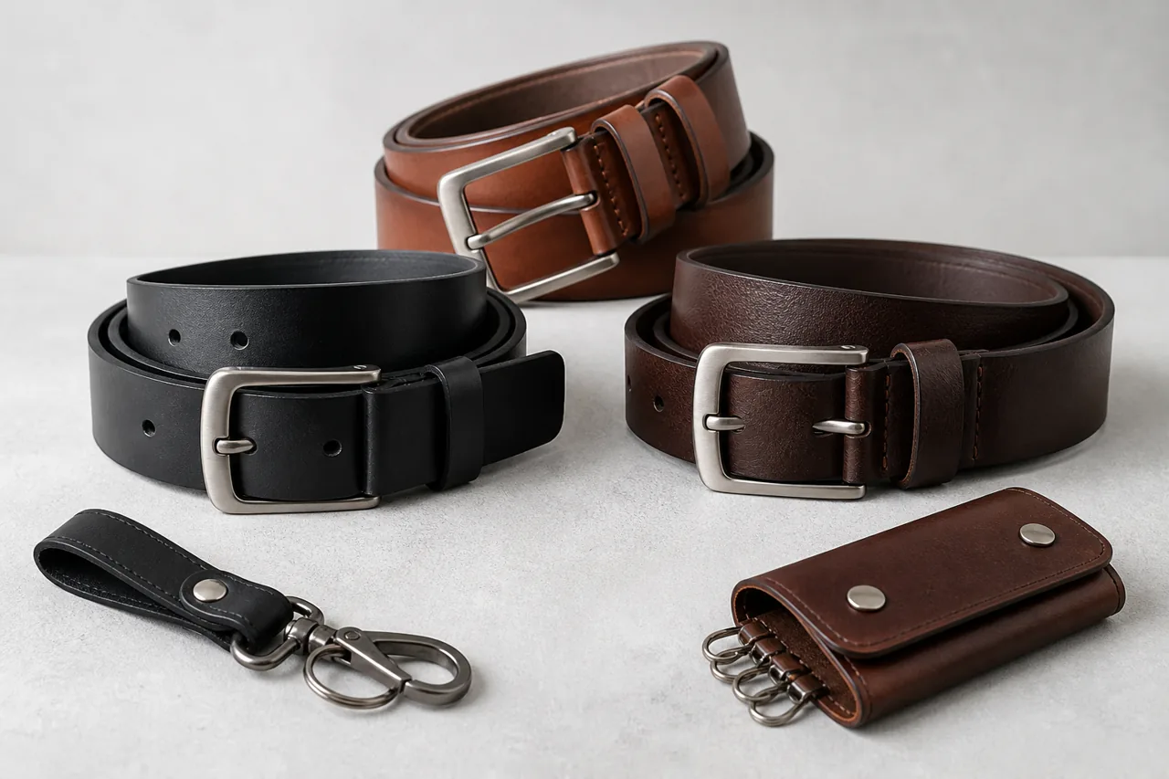 Stock di cinture e accessori di pelletteria